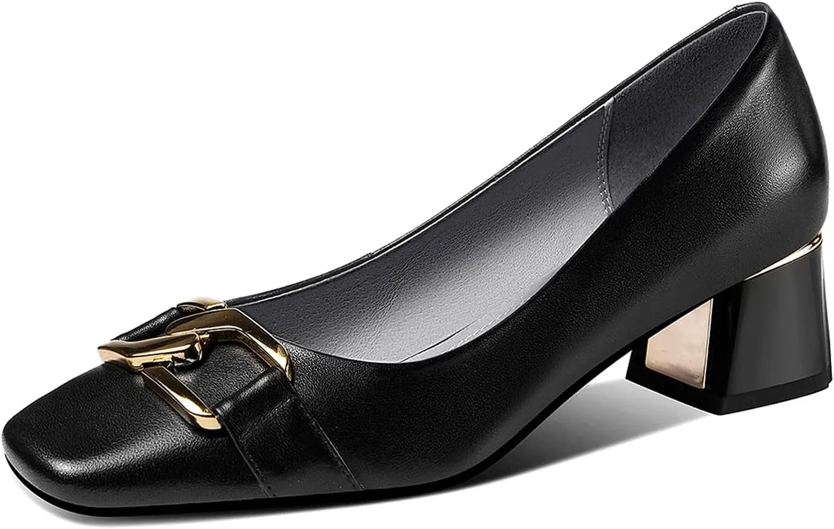 Women's Genuine Leather Handmade Slip On Block Heel Square Toe Pump Shoes with Unique Metal Pattern