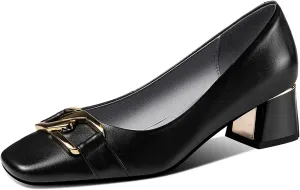 Women's Genuine Leather Handmade Slip On Block Heel Square Toe Pump Shoes with Unique Metal Pattern