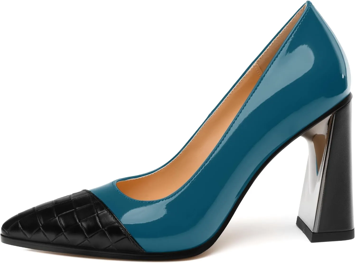 Womens Heeled Pumps, Pointed Toe High Chunky Heel Pupms for Women, Leather Insole Splicing Toe Pumps for Working, Wedding and Party 3.5"
