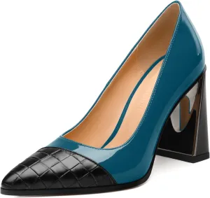 Womens Heeled Pumps, Pointed Toe High Chunky Heel Pupms for Women, Leather Insole Splicing Toe Pumps for Working, Wedding and Party 3.5"