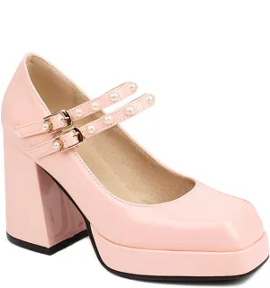 Women's High Chunky Heel Platform Mary Janes Square Toe Double Pearl Strap Dress Wedding Pumps Shoes