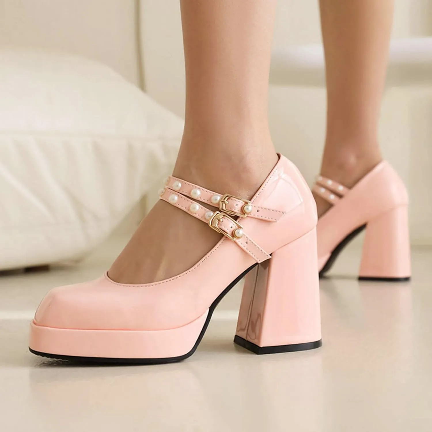 Women's High Chunky Heel Platform Mary Janes Square Toe Double Pearl Strap Dress Wedding Pumps Shoes
