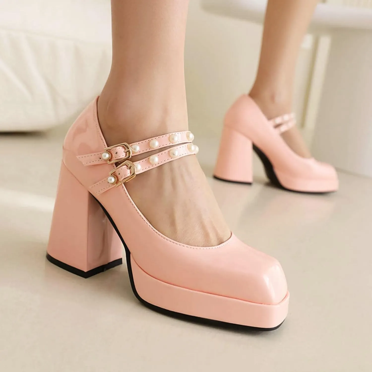 Women's High Chunky Heel Platform Mary Janes Square Toe Double Pearl Strap Dress Wedding Pumps Shoes
