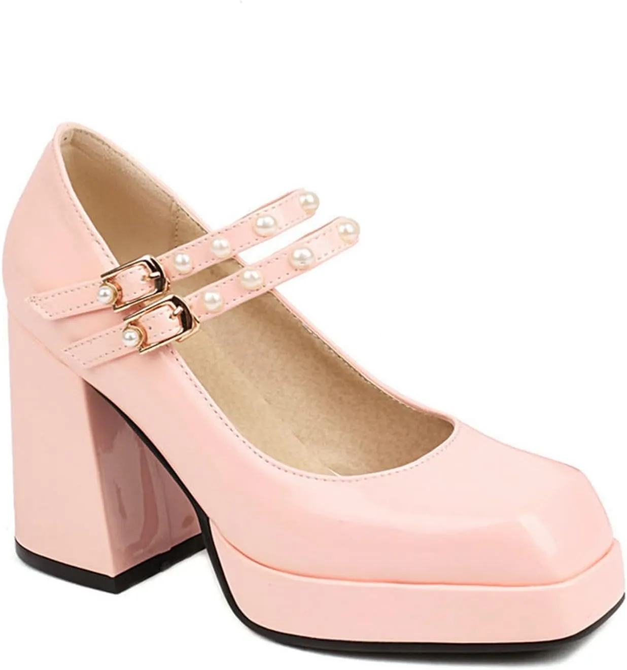 Women's High Chunky Heel Platform Mary Janes Square Toe Double Pearl Strap Dress Wedding Pumps Shoes