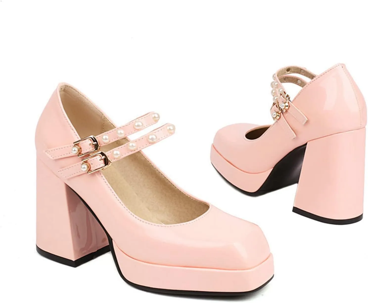 Women's High Chunky Heel Platform Mary Janes Square Toe Double Pearl Strap Dress Wedding Pumps Shoes
