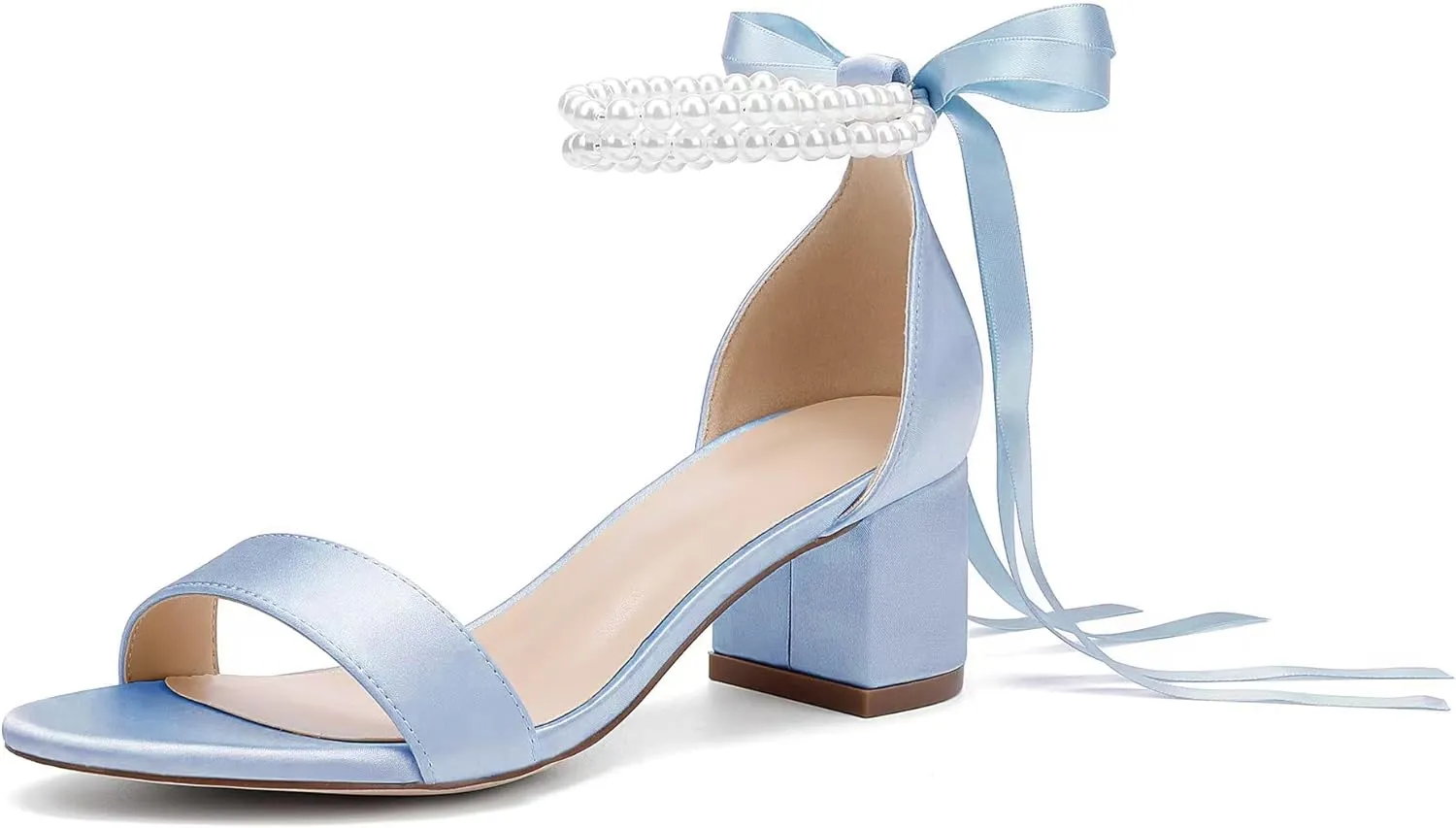 Women's Low Block Chunky Heels Sandals Open Toe Pearls Wedding Heels for Bride Heeled Party Dress Pump Shoes