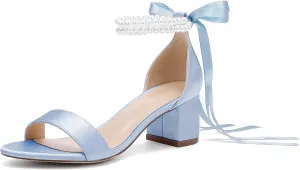 Women's Low Block Chunky Heels Sandals Open Toe Pearls Wedding Heels for Bride Heeled Party Dress Pump Shoes