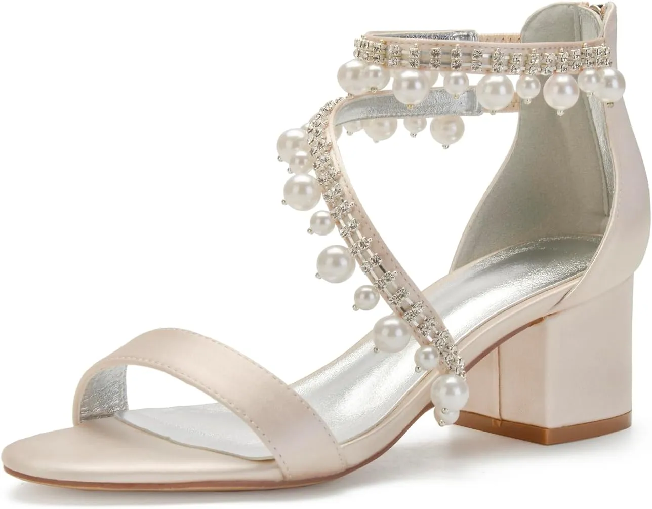 Women's Low Block Heel Sandals Chunky Ankle Strap Satin Pearl Wedding Shoes for Bride Low Heels Formal Prom Party Dress Shoes Comfortable Pump Sandals