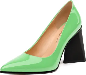 Women's Pumps, Pointed Toe Chunky Block Heel, Slip On Fashion Solid High Heel Shoes for Women
