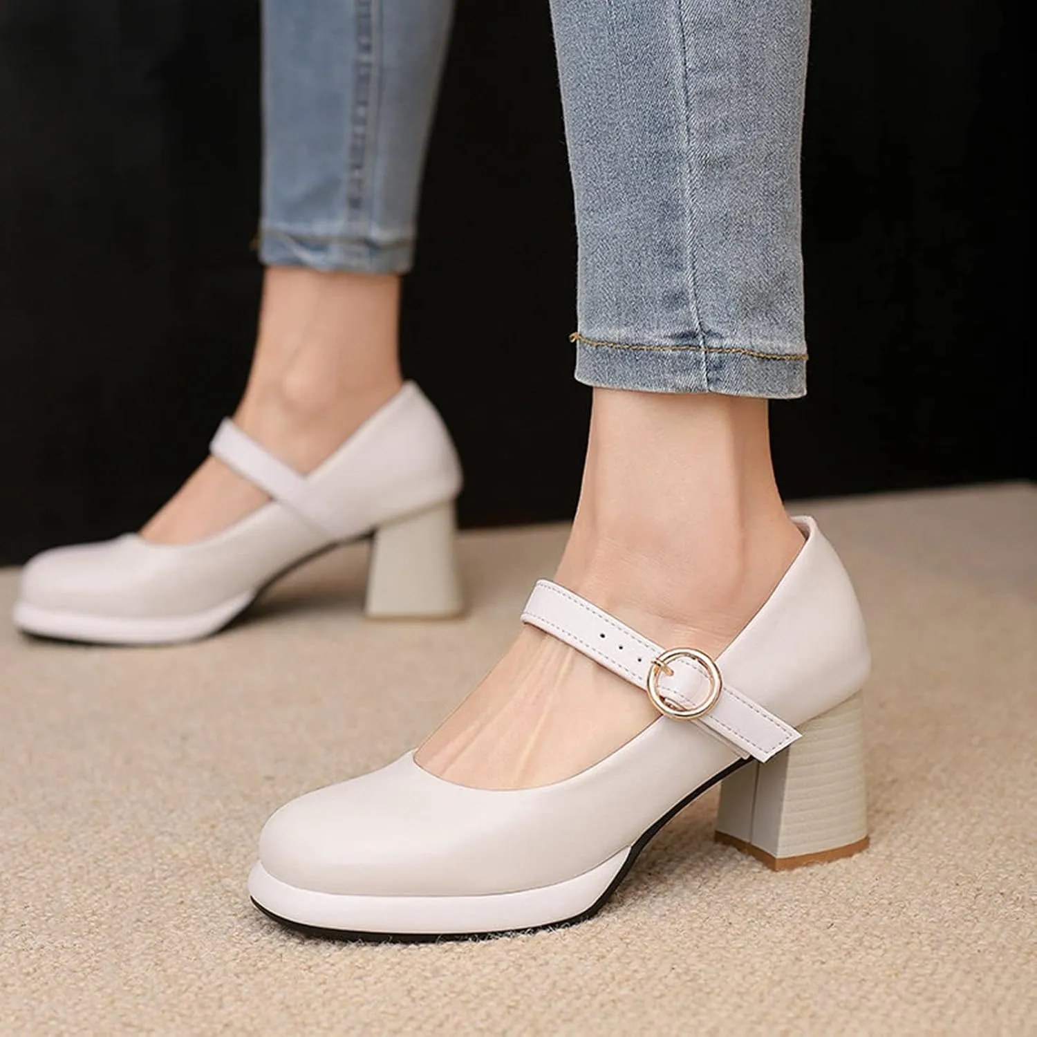 Women's Two Tone Mary Jane Shoes Closed Square Toe High Block Heel Casual Dress Office Pumps Shoes