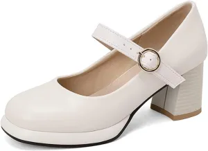 Women's Two Tone Mary Jane Shoes Closed Square Toe High Block Heel Casual Dress Office Pumps Shoes