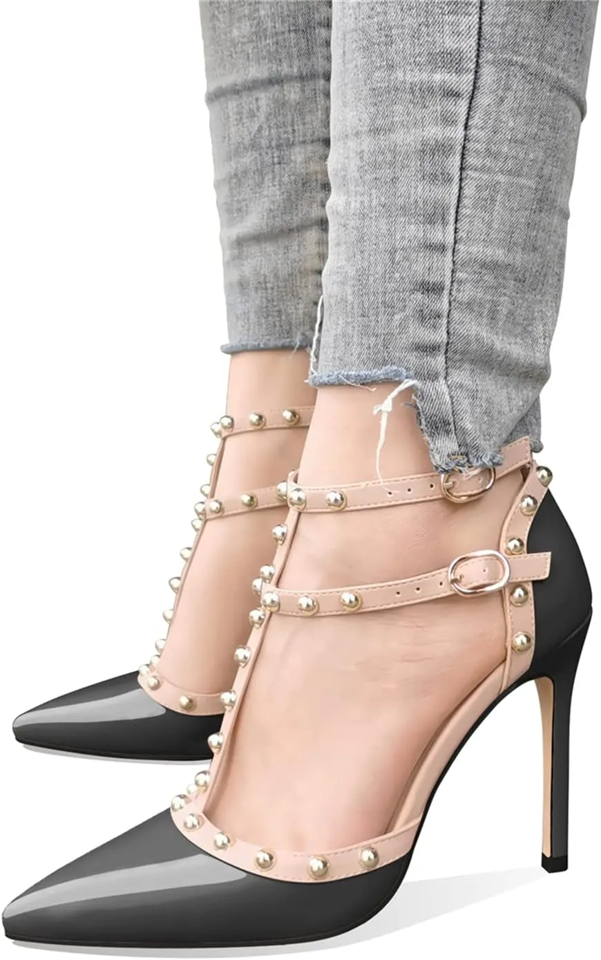 XINIUNIU Stiletto High Heels for Women Studded Heels with Studs Pumps 4 Inch Heeled Sandals Sexy Pointed Toe Ankle-strap Patent Leather Dress Wedding Shoes