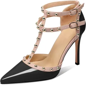 XINIUNIU Stiletto High Heels for Women Studded Heels with Studs Pumps 4 Inch Heeled Sandals Sexy Pointed Toe Ankle-strap Patent Leather Dress Wedding Shoes
