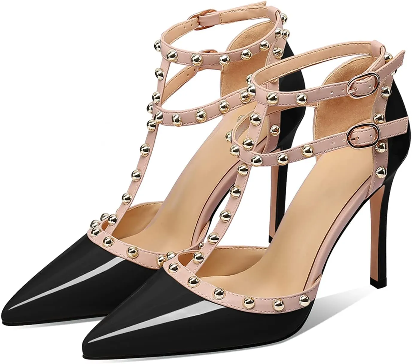 XINIUNIU Stiletto High Heels for Women Studded Heels with Studs Pumps 4 Inch Heeled Sandals Sexy Pointed Toe Ankle-strap Patent Leather Dress Wedding Shoes