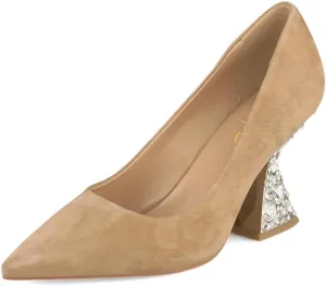 XYD Women Closed Pointed Toe Pumps Bejeweled Rhinestone Flared High Heels Slip On Evening Prom Sparkle Shoes
