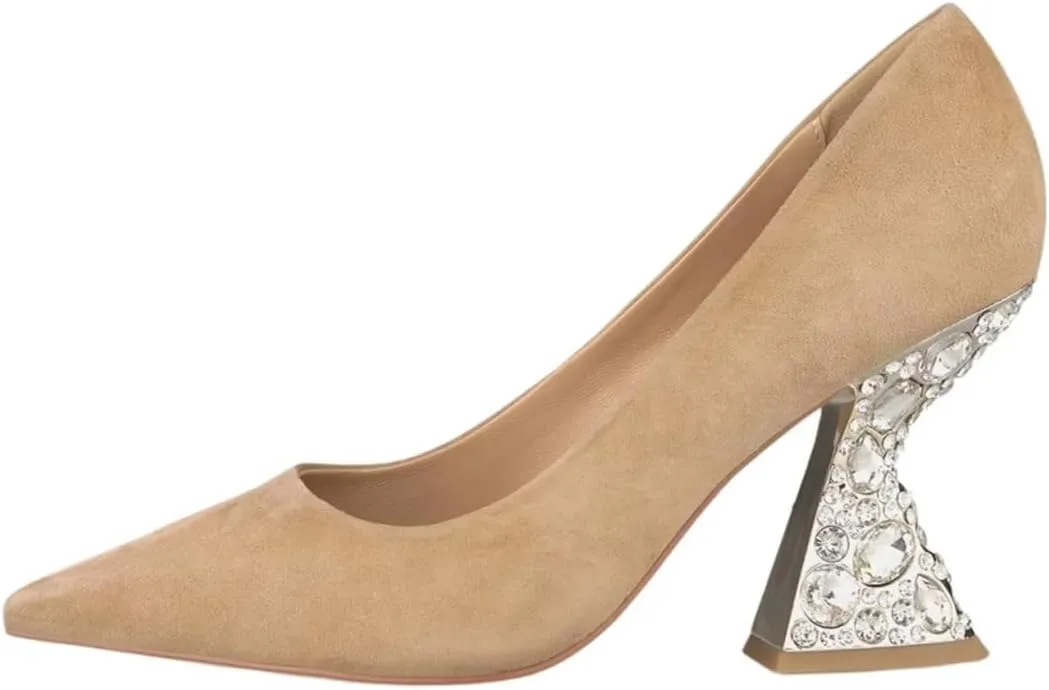 XYD Women Closed Pointed Toe Pumps Bejeweled Rhinestone Flared High Heels Slip On Evening Prom Sparkle Shoes