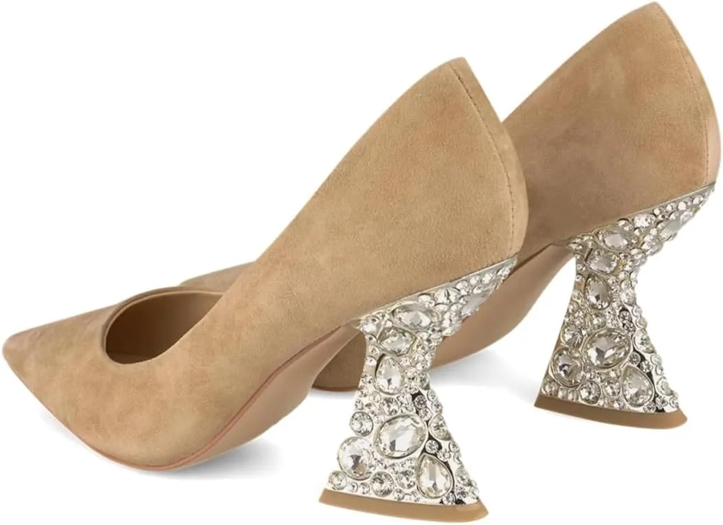 XYD Women Closed Pointed Toe Pumps Bejeweled Rhinestone Flared High Heels Slip On Evening Prom Sparkle Shoes