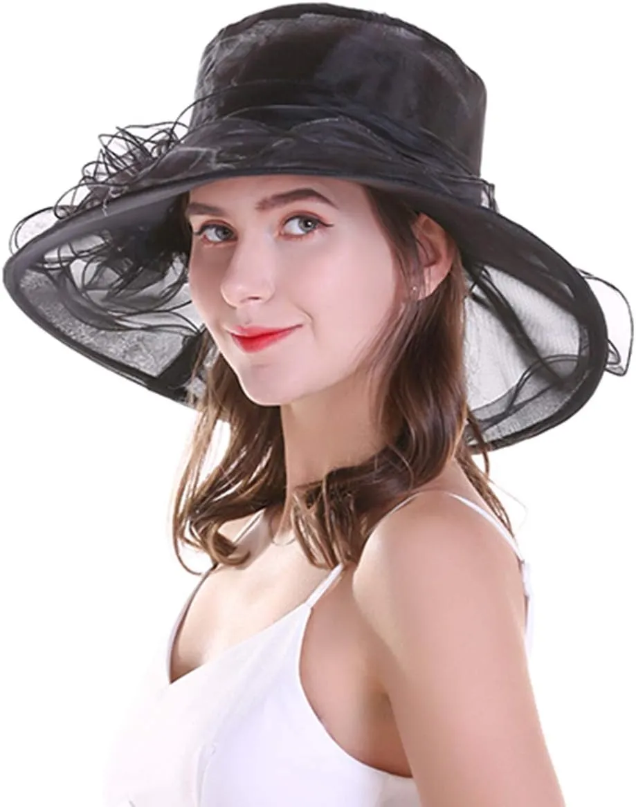 Yatemiole Women's Organza Church Wide Brim Tea Party Wedding Hat Derby Fascinator Cap Kentucky Wedding Hat