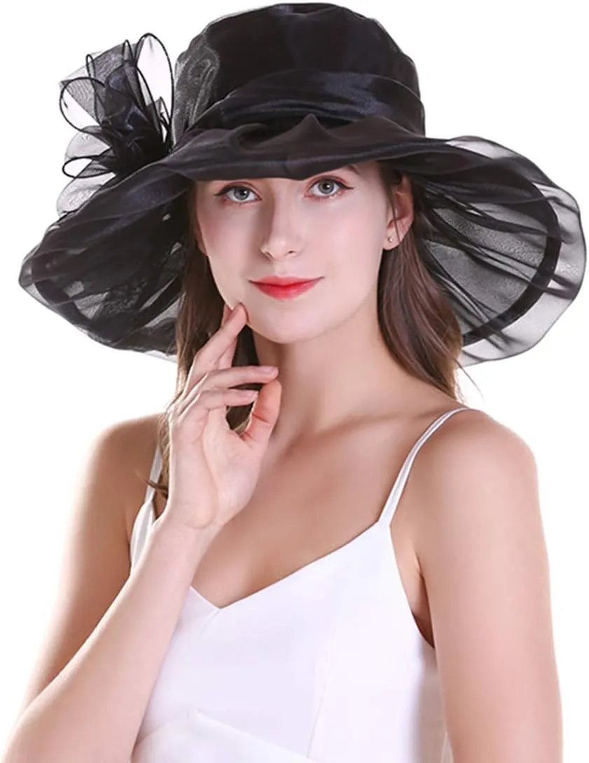 Yatemiole Women's Organza Church Wide Brim Tea Party Wedding Hat Derby Fascinator Cap Kentucky Wedding Hat