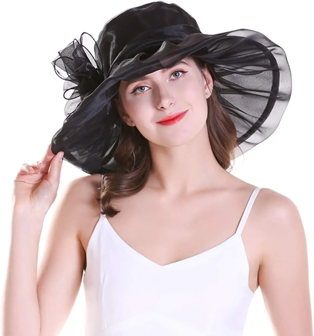Yatemiole Women's Organza Church Wide Brim Tea Party Wedding Hat Derby Fascinator Cap Kentucky Wedding Hat