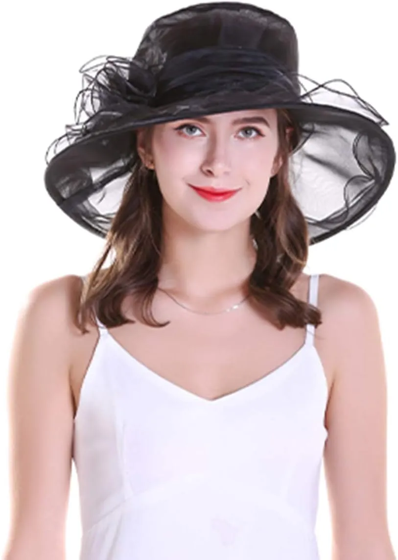 Yatemiole Women's Organza Church Wide Brim Tea Party Wedding Hat Derby Fascinator Cap Kentucky Wedding Hat